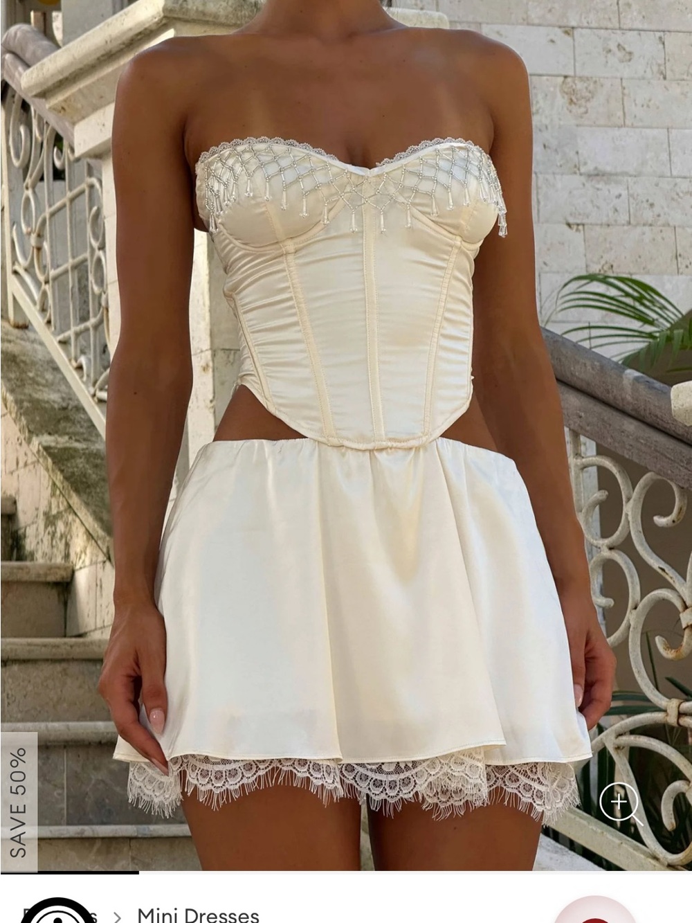 Outcast Cathia mini dress Strapless Ivory Corset Mini Dress with Lace Trim